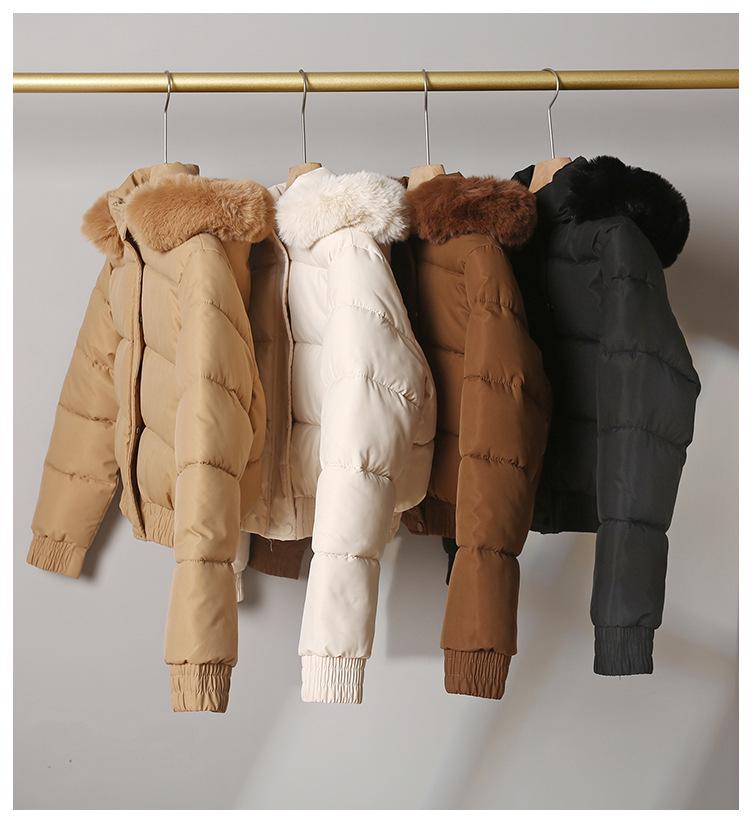 Women's Short Cotton Jacket with Warm Velvet, Fluffy Hood, Big Fur Collar, Petite Winter Outerwear, 2025 Trendy Style.