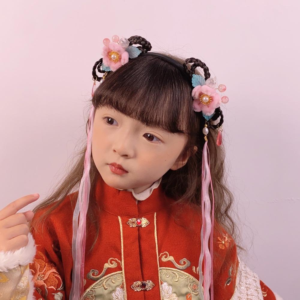 Red Flower Tassel Hairband Pigtail Wig Chinese Style Hair Hoop Fashion Hanfu Wig Headband  Children