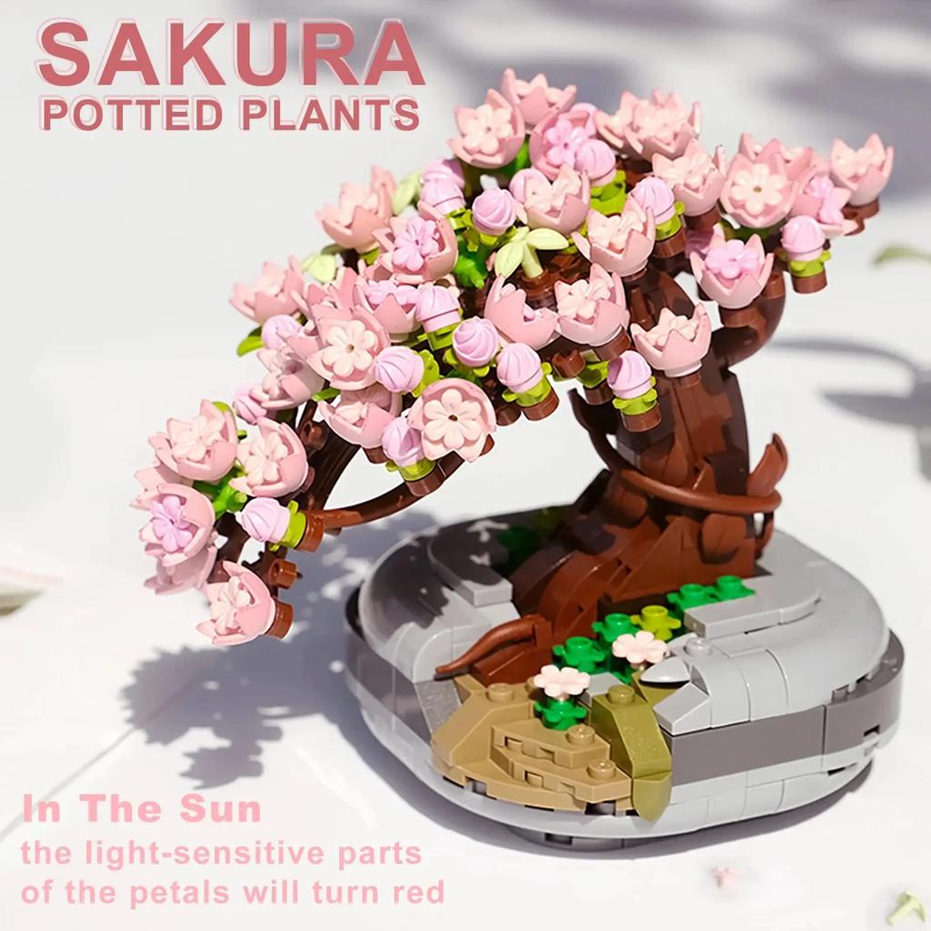 Non-Toxic Sakura Potted Bouquet Building Blocks Plant Bonsai Succulent Model Bricks Desktop Ornaments Kids Educational Toys Holiday Gifts
