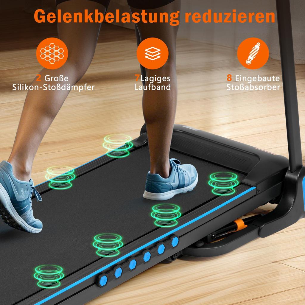 Laufband Flieks, Steigung 6%, Klappbar Laufbänder Leise bis 14km/h, 3,0 HP Treadmill mit Herzfrequenzmonitor, LED Anzeige, Bluetooth