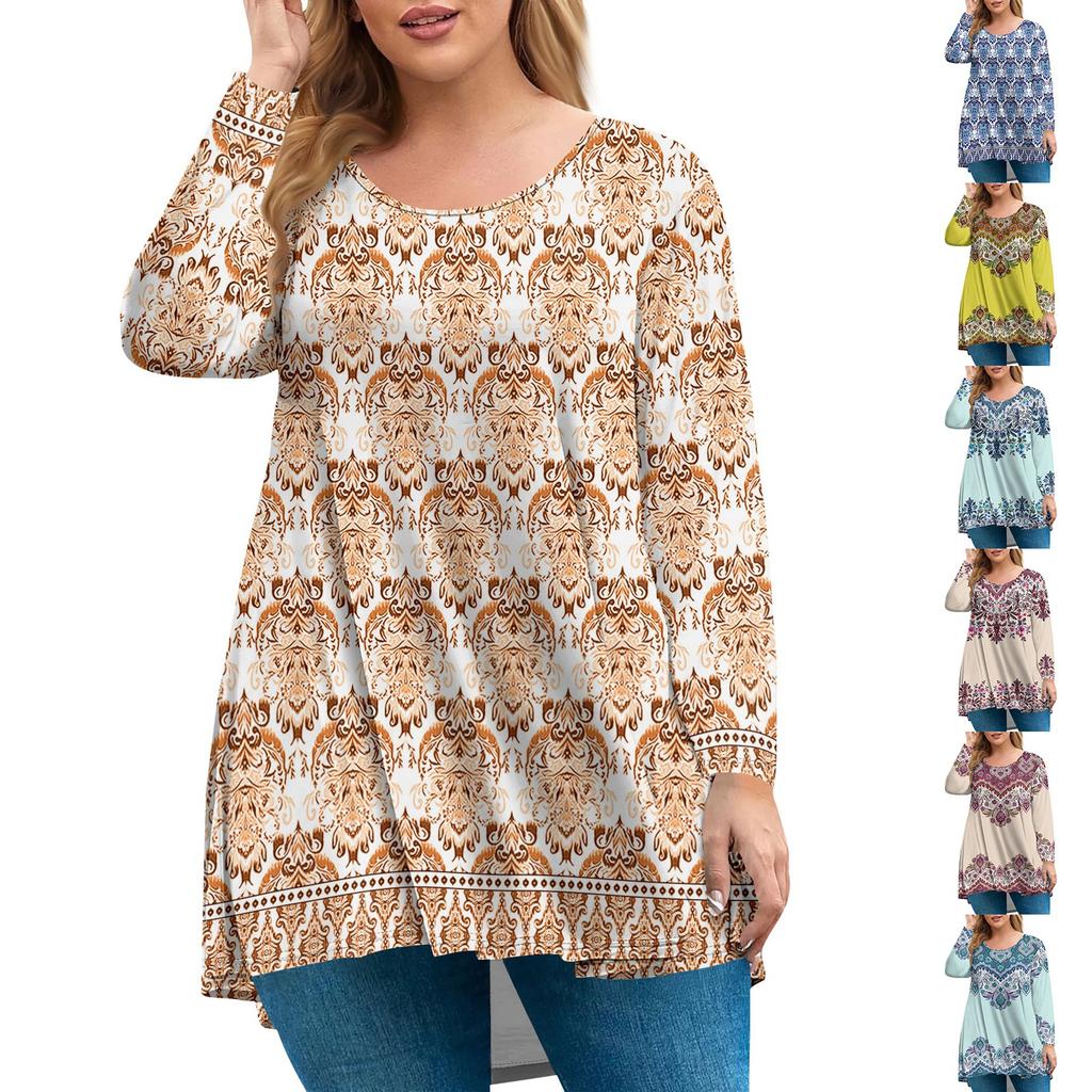 Women's Plus Size Top, Garden Collar Long Sleeved Shirt, Fashionable Floral Print Casual Top