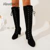 Fashion 2025 Autumn Winter Women's Knee-High Boots Side Zip Chunky High Heel Long Boots Vintage Suede Front Lace Up Botas Mujer Elegant