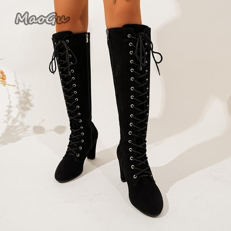 Fashion 2025 Autumn Winter Women's Knee-High Boots Side Zip Chunky High Heel Long Boots Vintage Suede Front Lace Up Botas Mujer Elegant