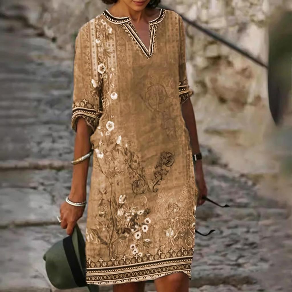 Women's Ethnic Print Casual V Neck Dress Loose Fit Mid Sleeve Knee Length Bohemian Style Summer Dress
