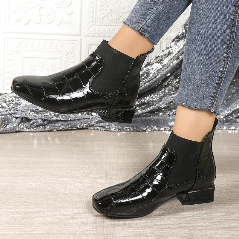 Fashion Spring and Autumn 2025 New Boots Square Toe High Heel Women's Shoes Patent Leather Fashion Small Booties