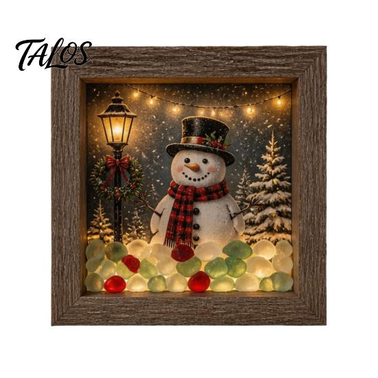 Snowy Cabin Ornament Christmas Night Light Picture Frame, Vintage Wooden Frame 3D Mini Seasonal Home Accents Landscape Lamp, Desktop Atmosphere Decor