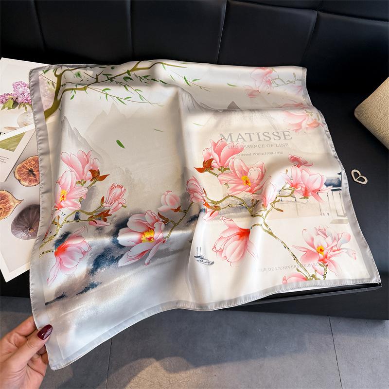 Elegant Flower Simulation Silk Printing Women's Silk Scarf Square Scarf Premium Shawl Sunscreen Neck Scarf Headscarf Scarf