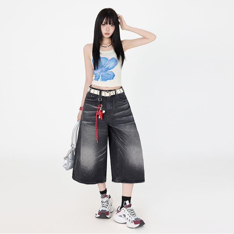 Trendy Summer Vintage Washed Distressed Slimming Loose Wide Leg Cropped Capri Denim Pants For Women Versatile Loose Straight AllMatch Casual Bottoms