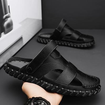 Sandálias Masculinas Couro Preto Sólido e Cáqui Sapatos de Verão Masculinos Casuais Confortáveis Sandálias de Biqueira Aberta Calçados Macios para Praia Calçados Masculinos