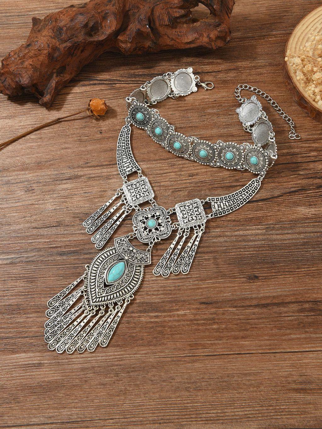 

Bohemian Vintage Multilayer Necklace With Turquoise Carving For Casual Wear Silver Blue