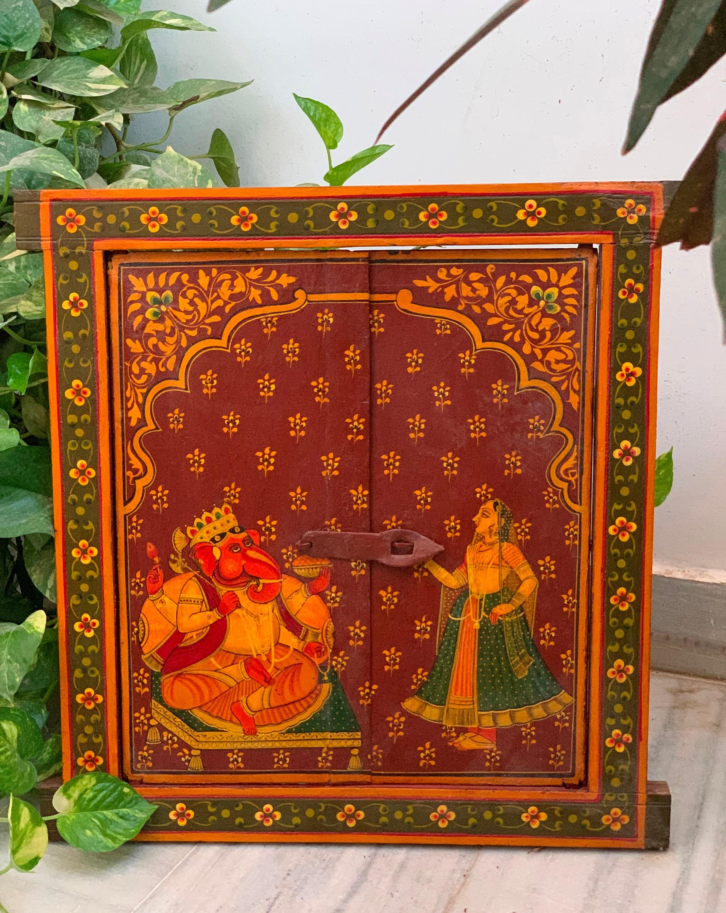 

Hand Painted Ganesha Jharokha: Antique Wooden Window Wall Decor різнокольоровий