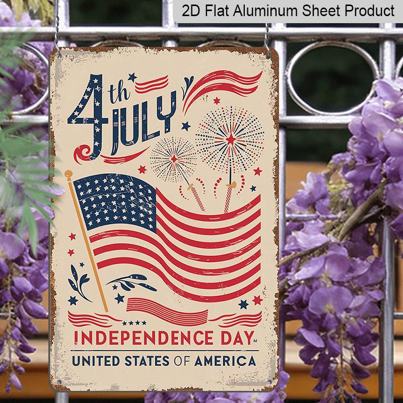 2D Flat Vintage 4th of July Independence Day Aluminum Wall Art Sign - Patriotic American Flag Design with Fireworks & Stars, Rustic Home Decor for