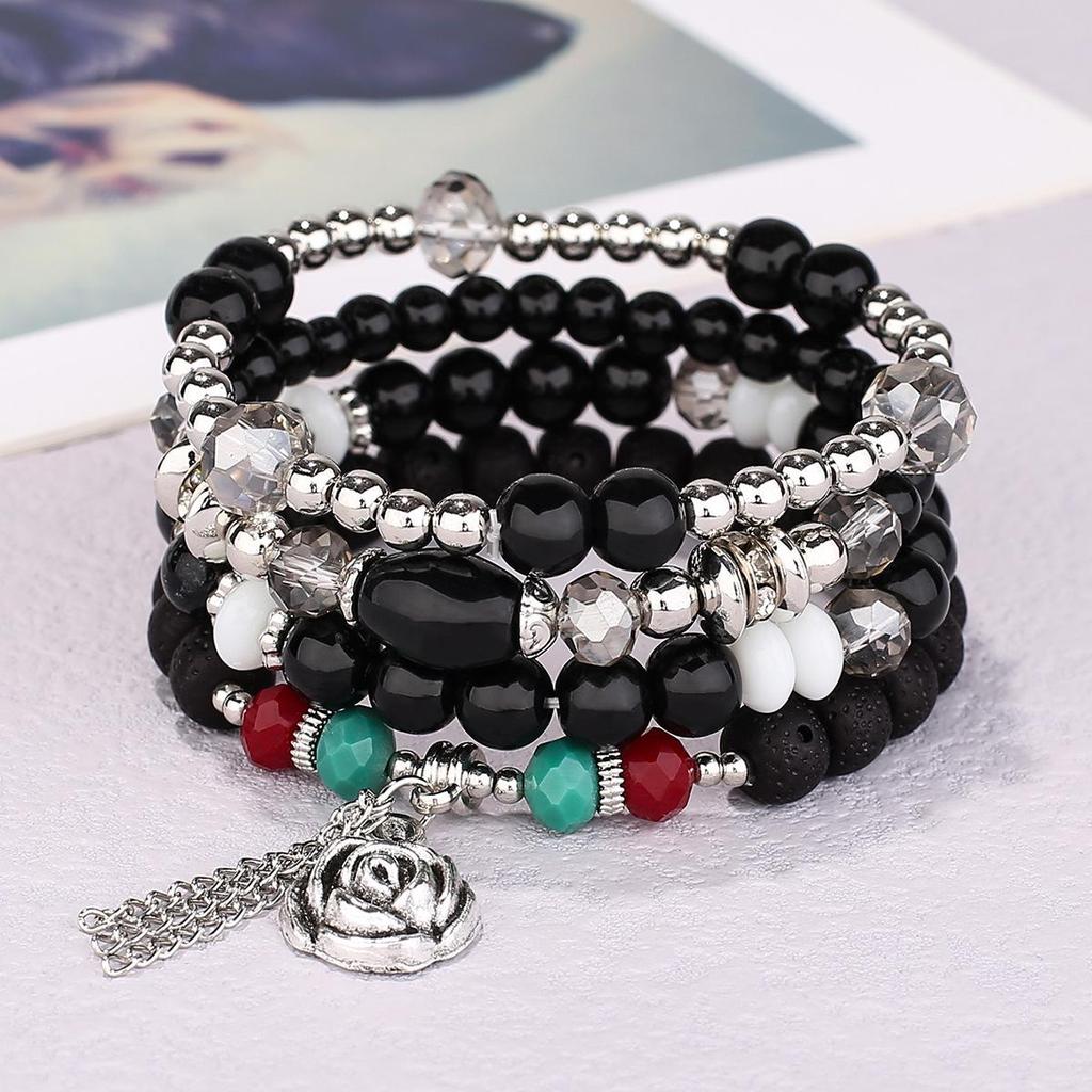 Bohemian Ethnic Layered Beaded Bracelet with Rose Flower Pendant