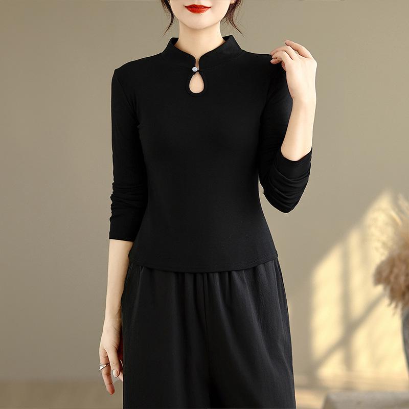 Women's Chinese Style Plush Long-Sleeve Slimming T-Shirt, Thickened Base Layer