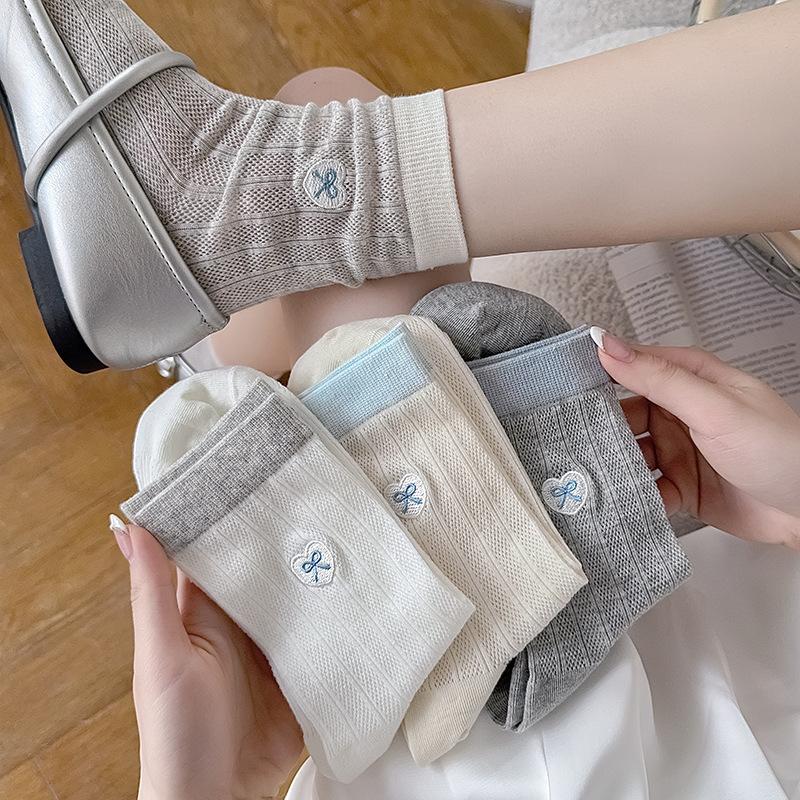 Boneless Love Embroidered Socks, Mid-Leg Socks, Thin Cotton Trendy Korean Bow Stockings