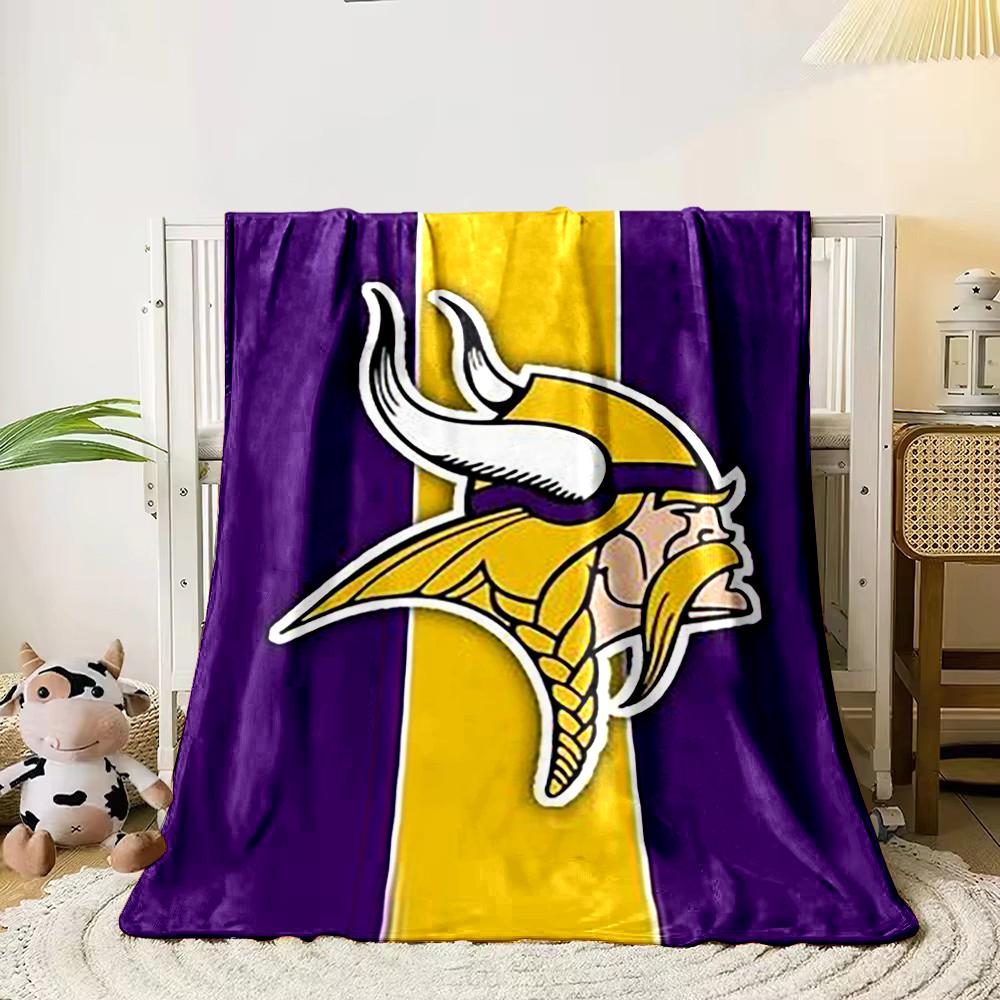 Viking Helmet Logo with Purple and Gold Stripes Flannel Blanket for bedroom, living room, sofa, and nap sofas.