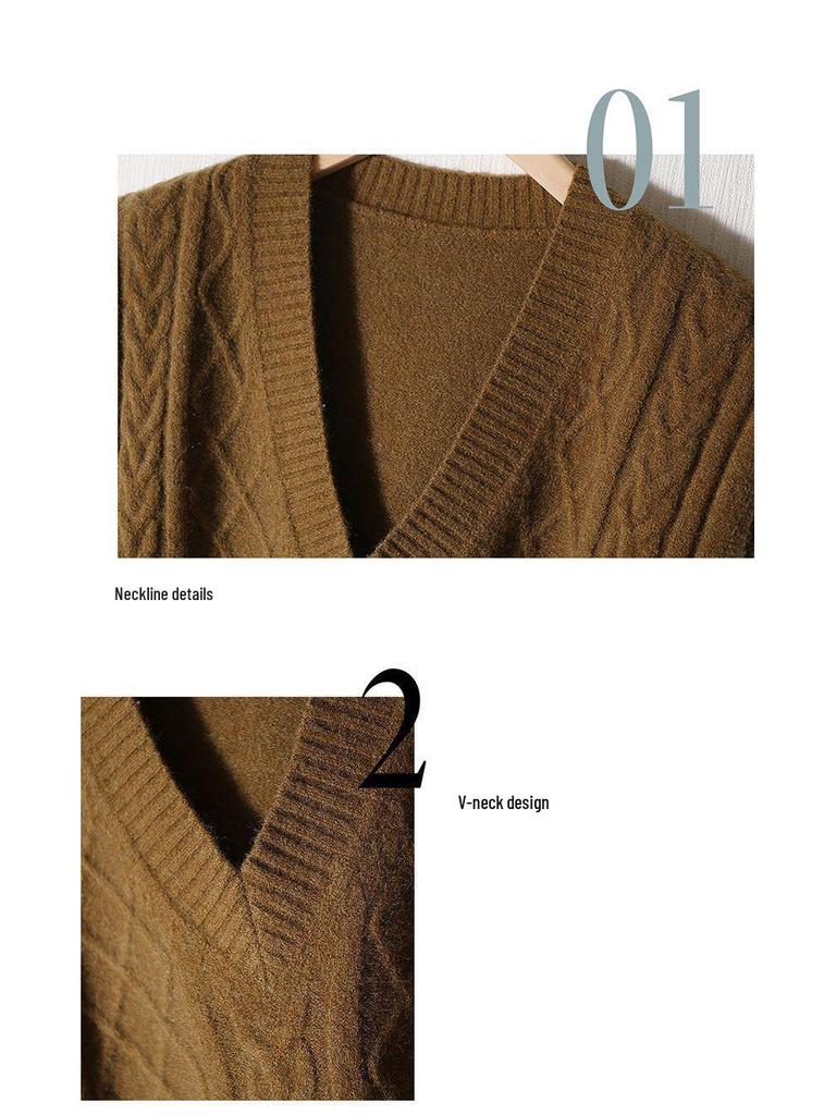 Women's Loose Fit Cable Knit V-Neck Sweater Vest - Autumn/Winter 2021, Thick OL Style, Korean Version.