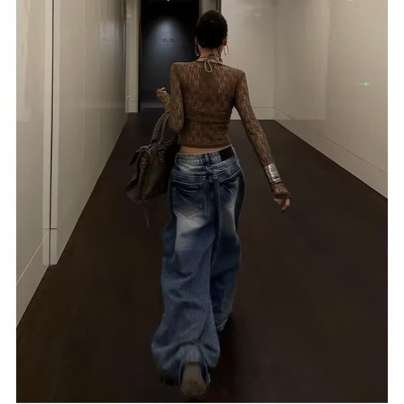 Womens High-Waisted Wide-Leg Straight Fit Distressed Denim Jeans Loose Comfortable Streetwear Style