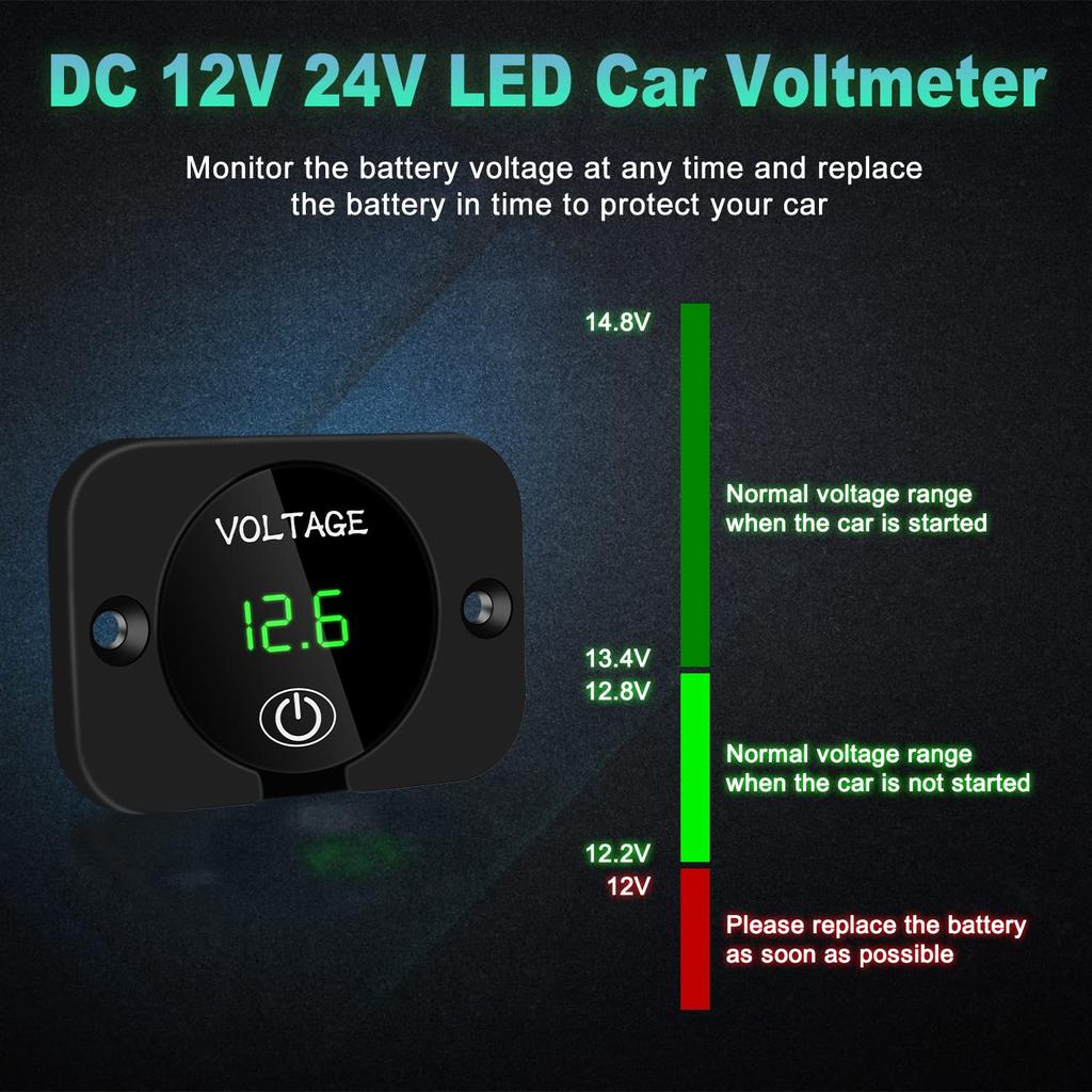 DC 12V 24V LED Car Digital Voltmeter, Waterproof Voltage Meter Car Battery Tester with Touch Switch Display Panel with Connection Cable for Car Etc.