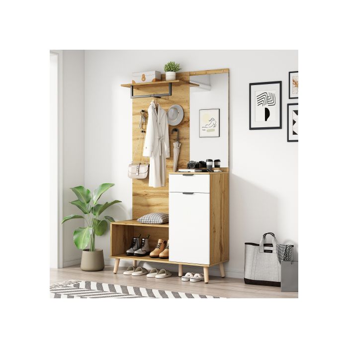 Ensemble vestiaire - MUVOE - 190 cm - Miroir - Banc à chaussures - Armoire à chaussures