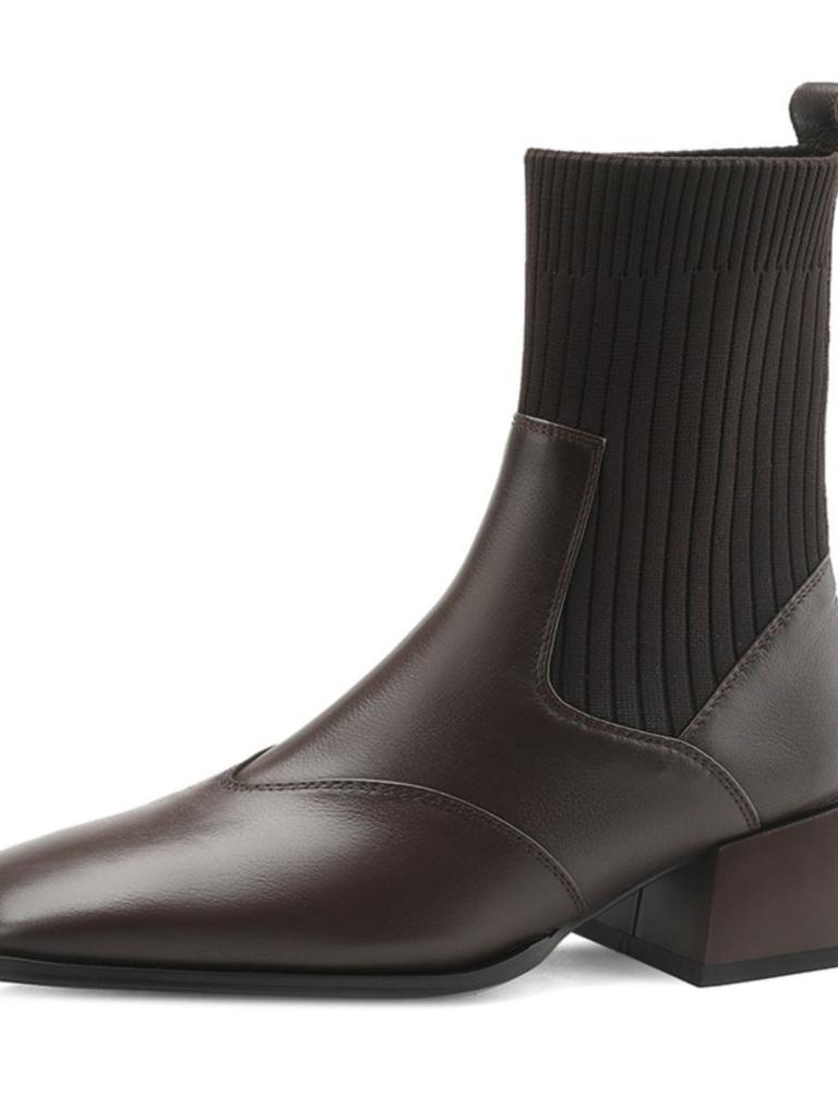 Franske retro tynne støvletter dame tykk hæl korte støvletter firkantet tå medium hæl elastiske sokkestøvletter slanke Martin-støvletter utenlandsk stil super allsidige