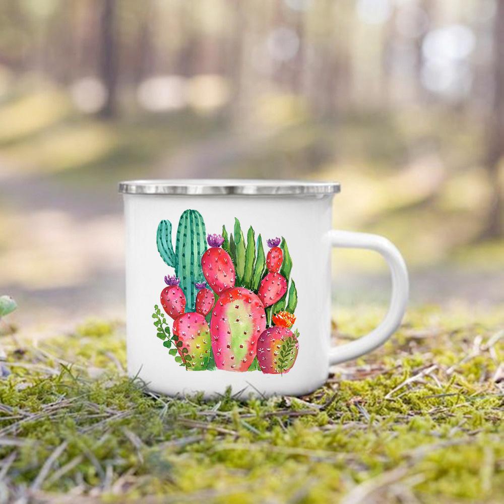 Cană Emailată cu Imprimeu Plantă Cactus Vară Camping Căni Foc de Tabără Căni Creative pentru Cafea Apă Lapte Mâner Veselă pentru Băut Cadouri pentru Camper