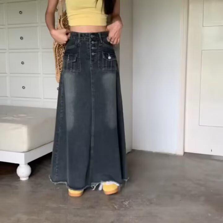 Spring Autumn Retro Plus Size High Waist A-line Denim Skirt for Women - Flattering Pear Shaped Figure & Slimming Belly Coverage