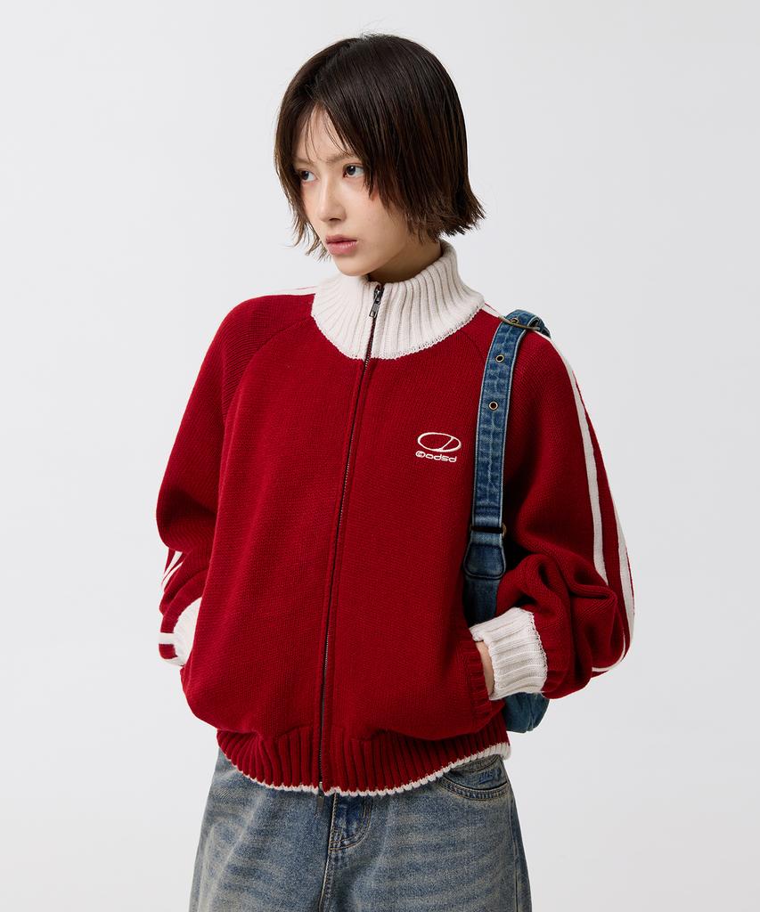 ODDSTUDIO Sporty Track Semi-Crop Knit Zip-Up - Red