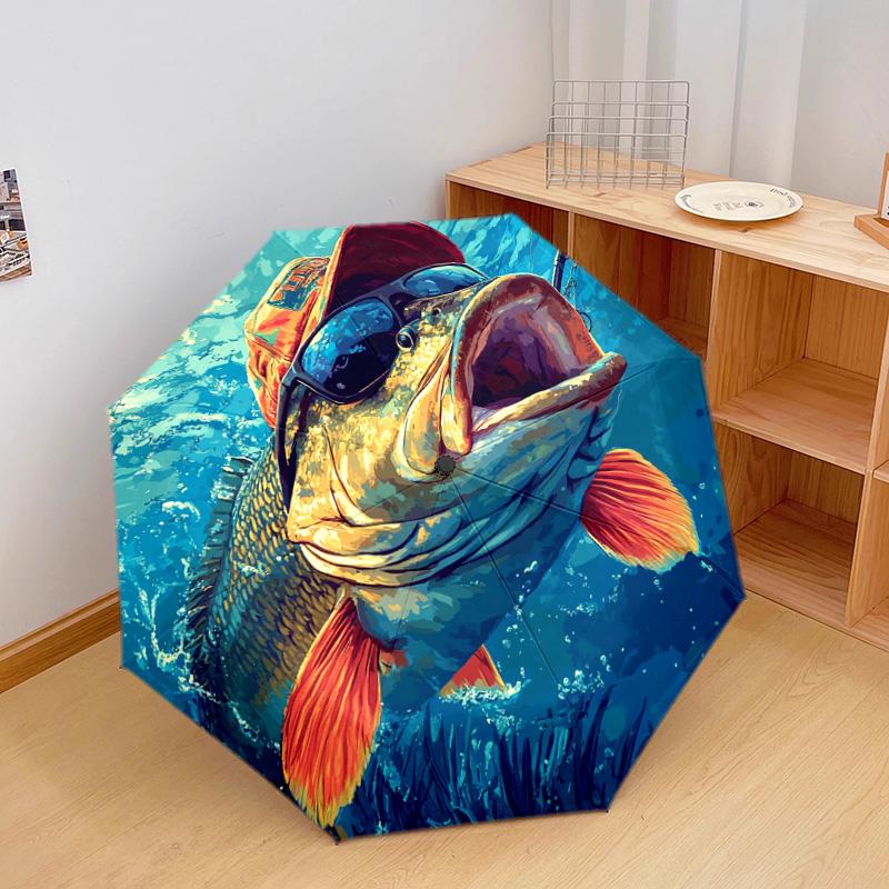 1 PC Automatic Folding Umbrella - Bass Fish Pattern, Portable & Foldable Design with 8 Ribs, Christmas Birthday Gifts