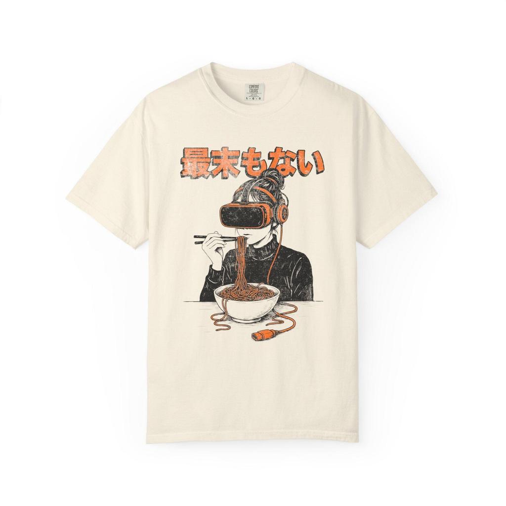 VR Anime Ramen Girl T-Shirt | Japanese Text Cyberpunk Noodle Art