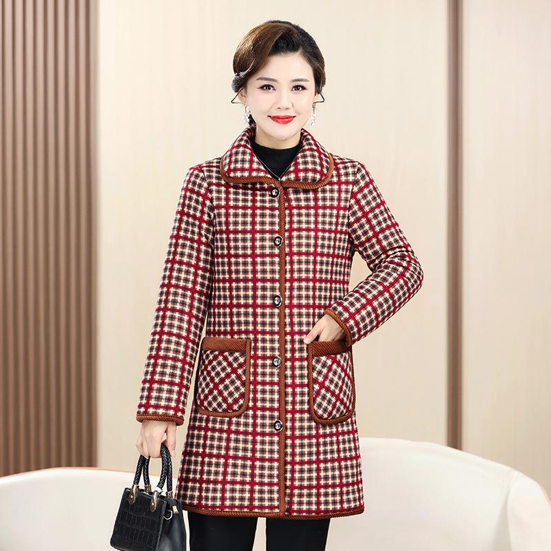Mom's Warm Plaid Velvet-Enhanced Winter Coat for Mid-Aged Women