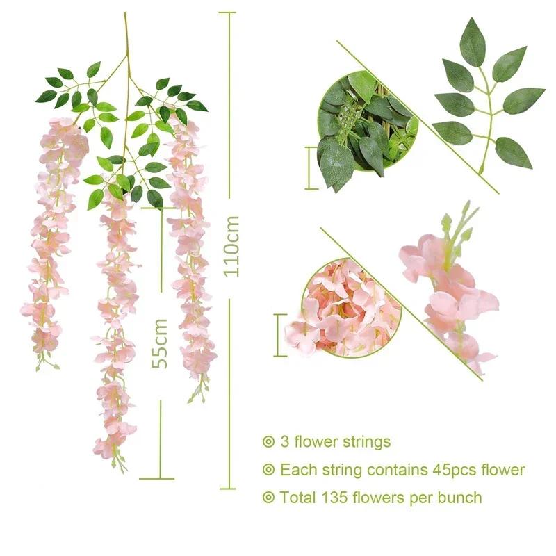 Wisteria Vine Artificial Flowers Wholesale 110cm Trailing Fake Flower String for Home Wedding Party Decor Silk Wisteria Garland