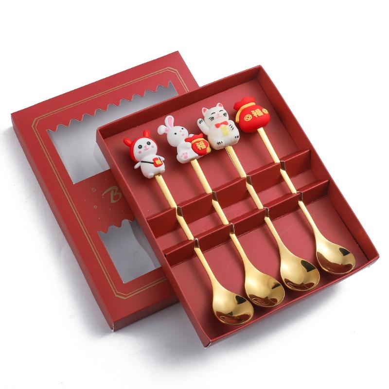 HANYANG Set de tacâmuri cu lingură cadou de Anul Nou Linguriță de cafea Furculiță cu fructe Set lingură mică