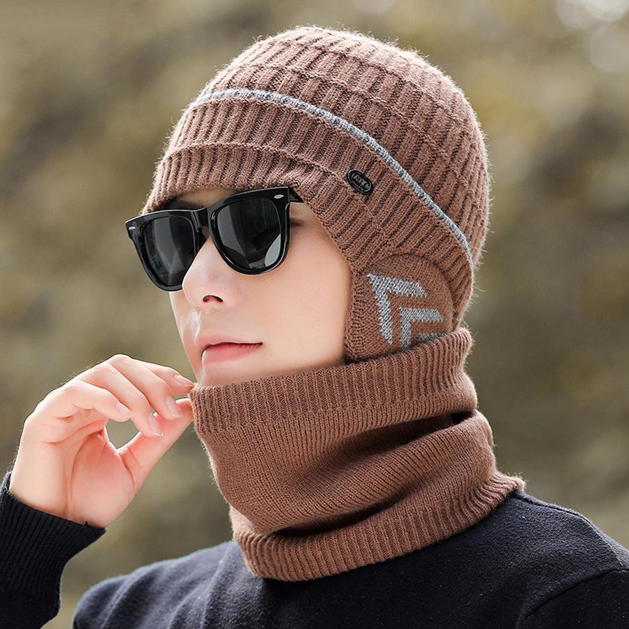 Strickmütze Schal Set Herren Winter Fleece Wolle Mütze Mittelalterliche und Ältere Dicke Warme Mütze