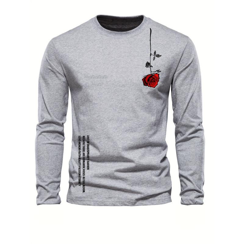 Herren langärmliges rundhalsiges lockeres lässiges T-Shirt-Oberteil mit Rosen-Buchstaben-Aufdruck für Frühling und Herbst, vielseitig