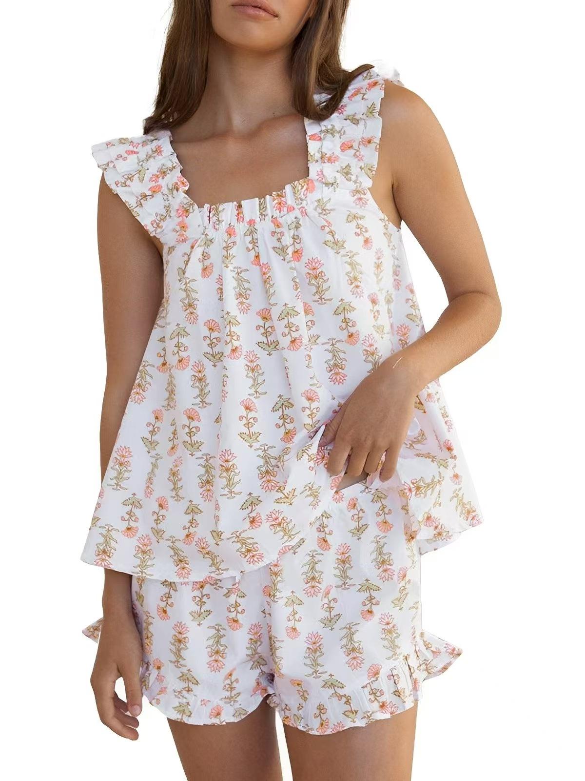 

Women s Summer Sleepwear Set Floral Sleeveless Top and Shorts with Ruffles S