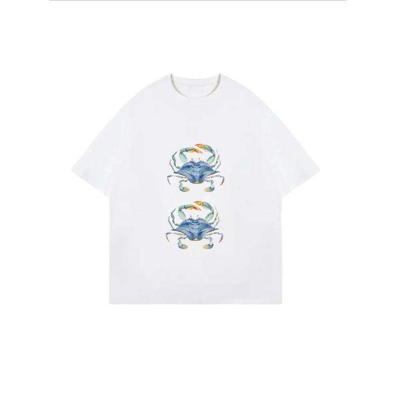 White Oversized T Shirt With Blue Crab Print For Casual Wear