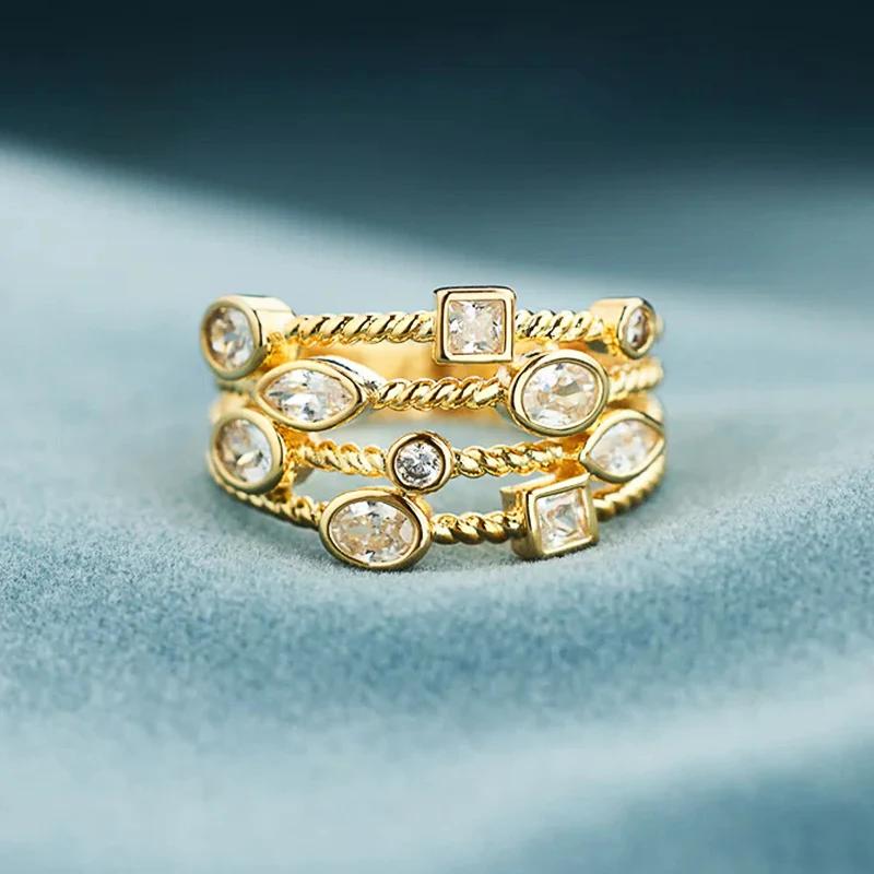 Huitan  Gold Color Women Rings Multi-layers Crystal Cubic Zirconia Design Modern Statement Female Finger Ring New Jewelry