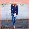 Fashionable Woman O Neck Long Sleeve Casual Polka Dot Blue Loose Bodycon Blouse For Trendy Looks