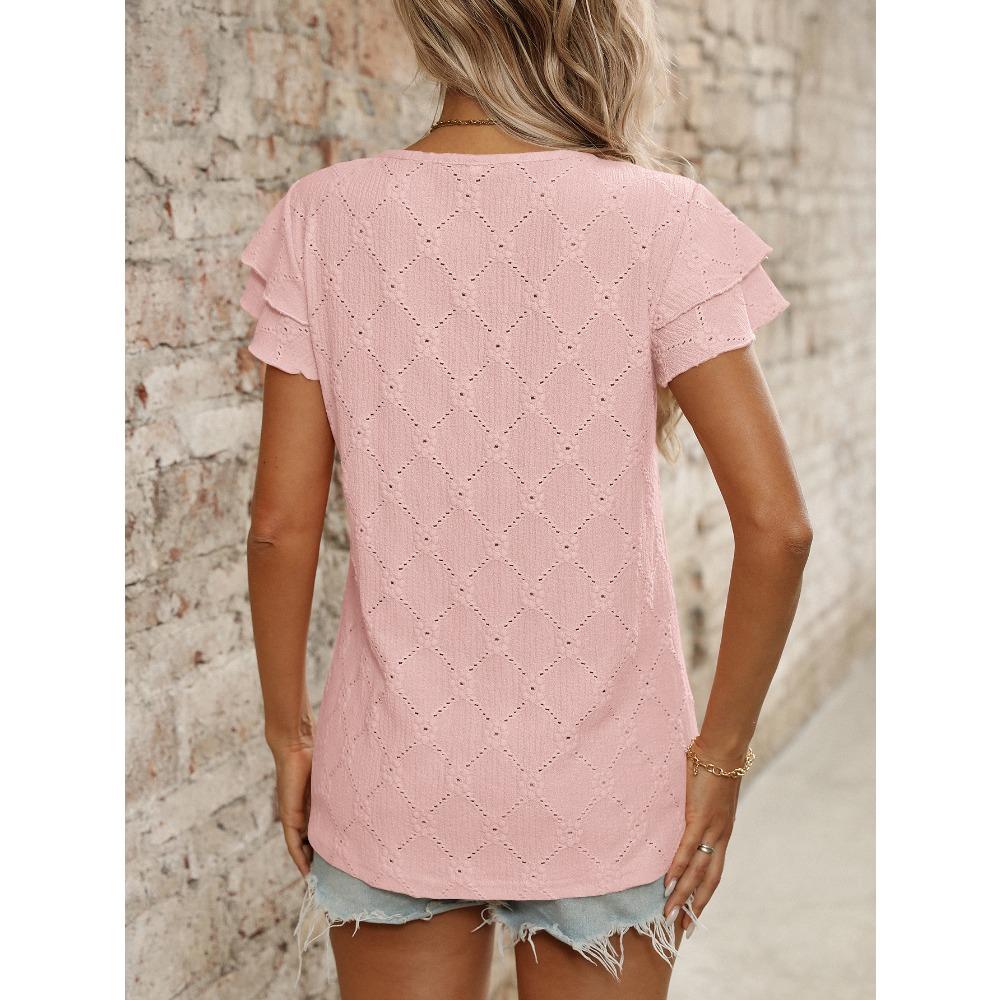 Damen Sommer Neuer Stil Einfarbig Rundhals Süß Kurzarm T-Shirt Ausgehöhltes Oberteil