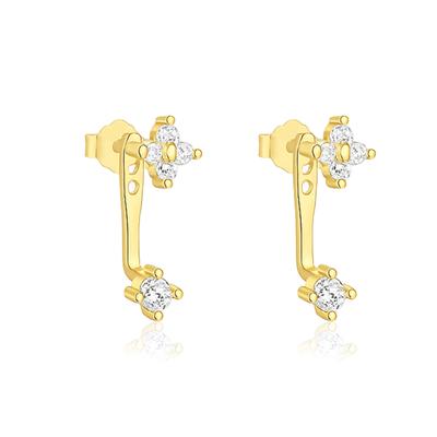 Double Floral Jacket Drop Earrings - 925 Sterling Silver Yellow Plated