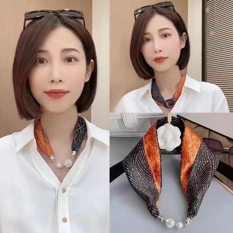 Live Season Magnet Buckle Silk Scarf Women'S Pearl Necklace Long Silk Scarf Headband Decorative Small Scarf