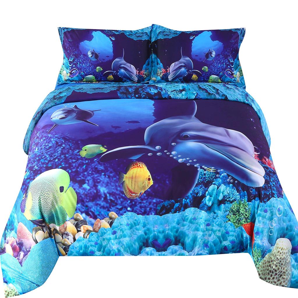 Fish Duvet Cover Set Ocean Bedding Sets 3D Printed Underwater World With Shark Dolphin Coral Reef Pattern Quilt Cover Set 2/3pcs