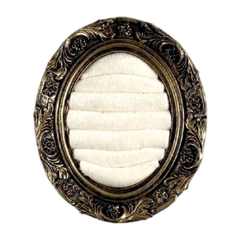 Ring Display Tray with Multiple Horizontal Slots, Ornate Oval Scrollwork Frame and Flat Base for Tabletop Presentation
