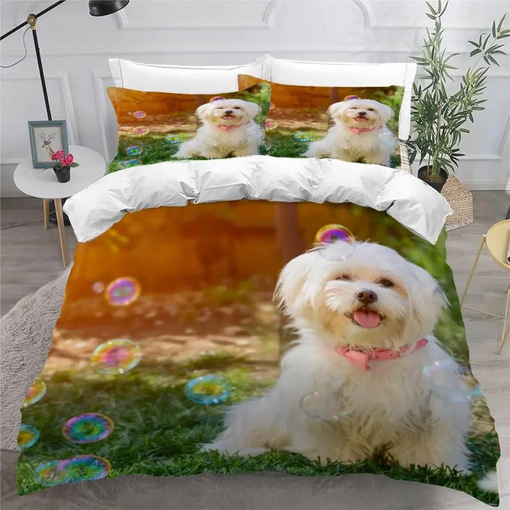 Sött Påslakanset med Maltesisk Hund Husdjur Hundar Tema Sängkläder Mikrofiber Kawaii Djur Täcke Överdrag Twin King För Barn Tonåringar