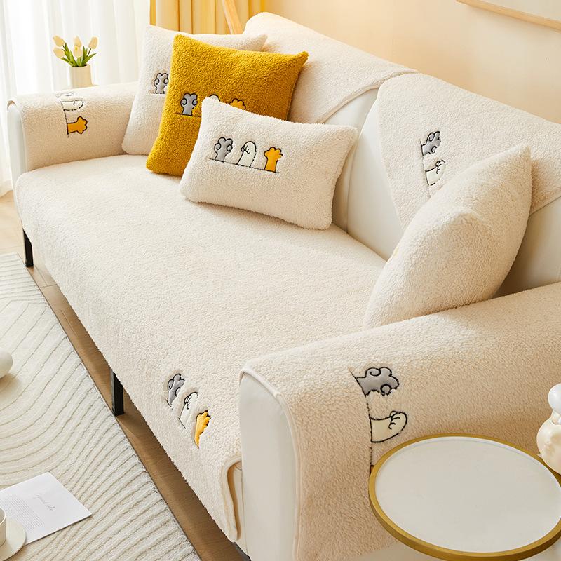Lammwolle Sofakissen Winter Plüsch Verdickt Warm Rutschfest Kissen Cartoon Leder Sofabezug Rückenlehne Handtuchbezug Tuch