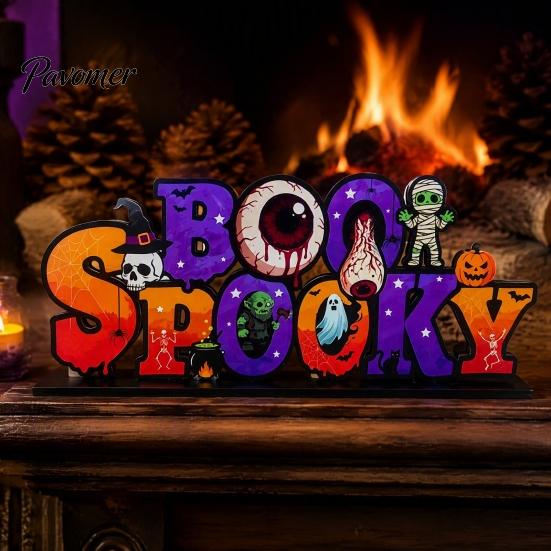 Halloween Room Tabletop Decor Pumpkin Haunted House Letter Ornament, Wooden Ornaments Spooky Festive Desk Decoration for Party Props Unique