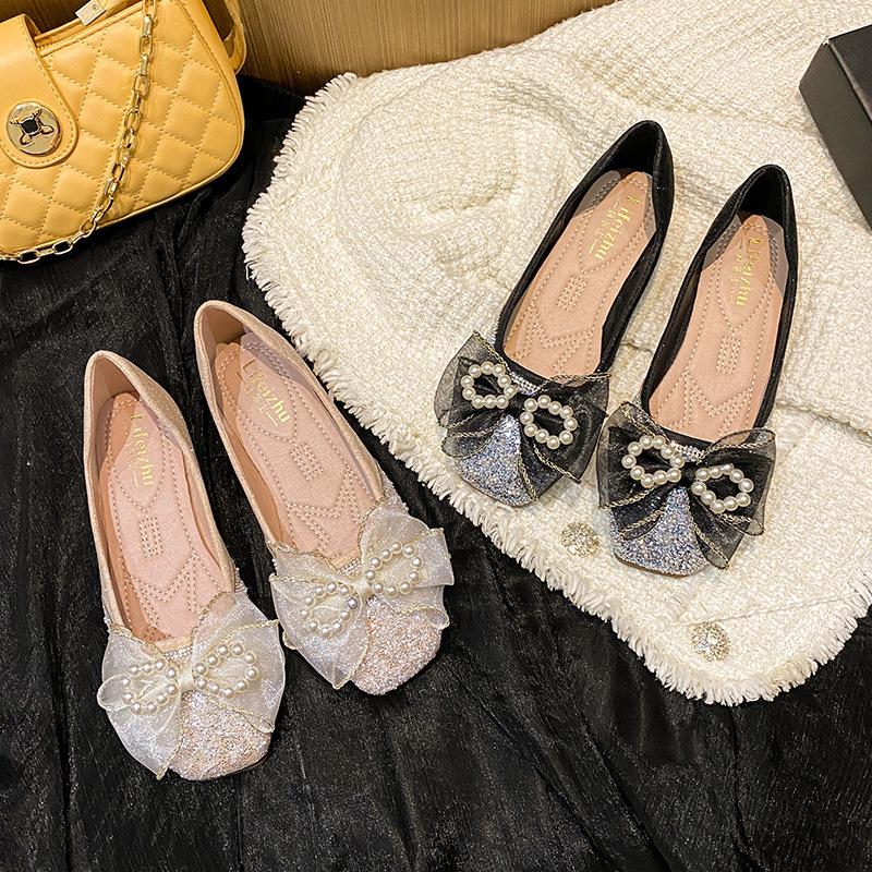 Lace Bow Flats Shoes Women Pearl Strings Lolita Shoes Crystal Beading Moccasin Slip On Loafers Women Espadrilles Plus Size 43