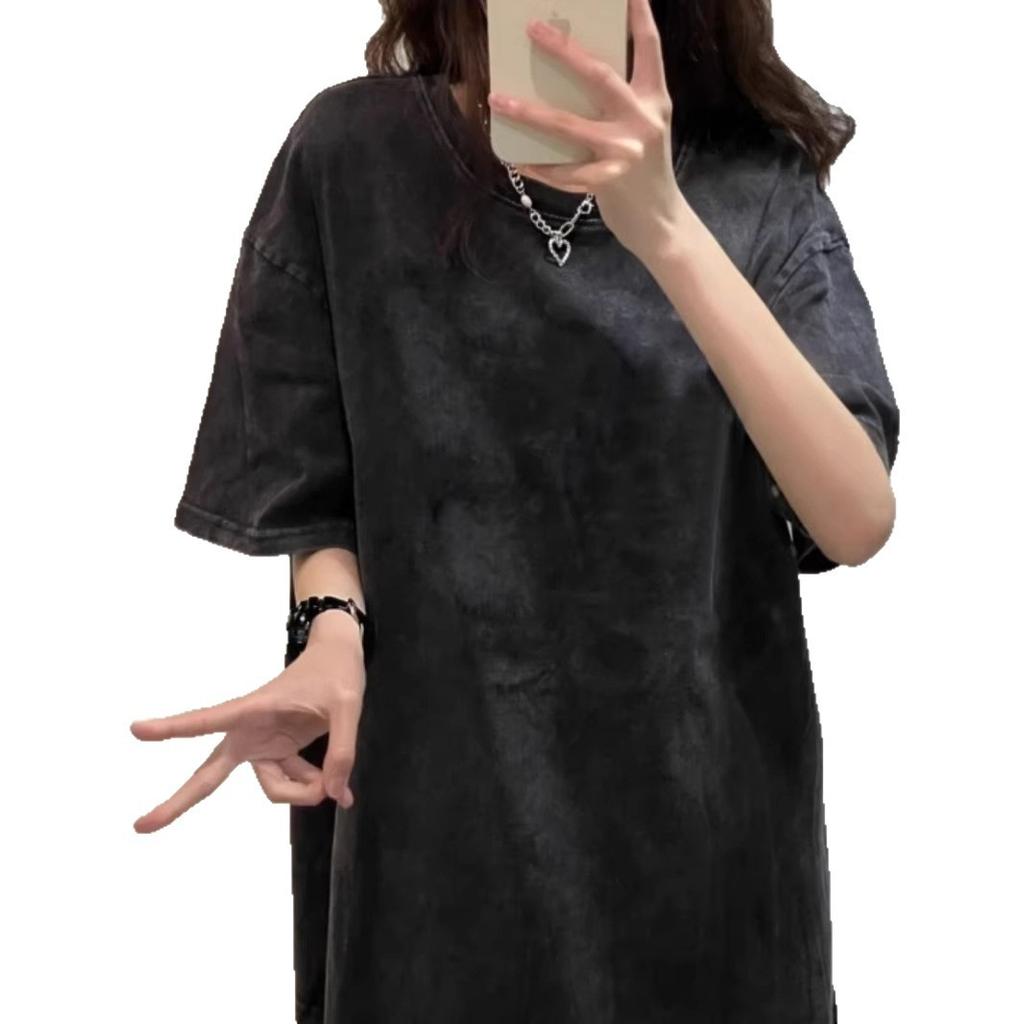 Retro washed shoulder solid color large size short-sleeved t-shirt women's fat mm summer high street loose couple's top