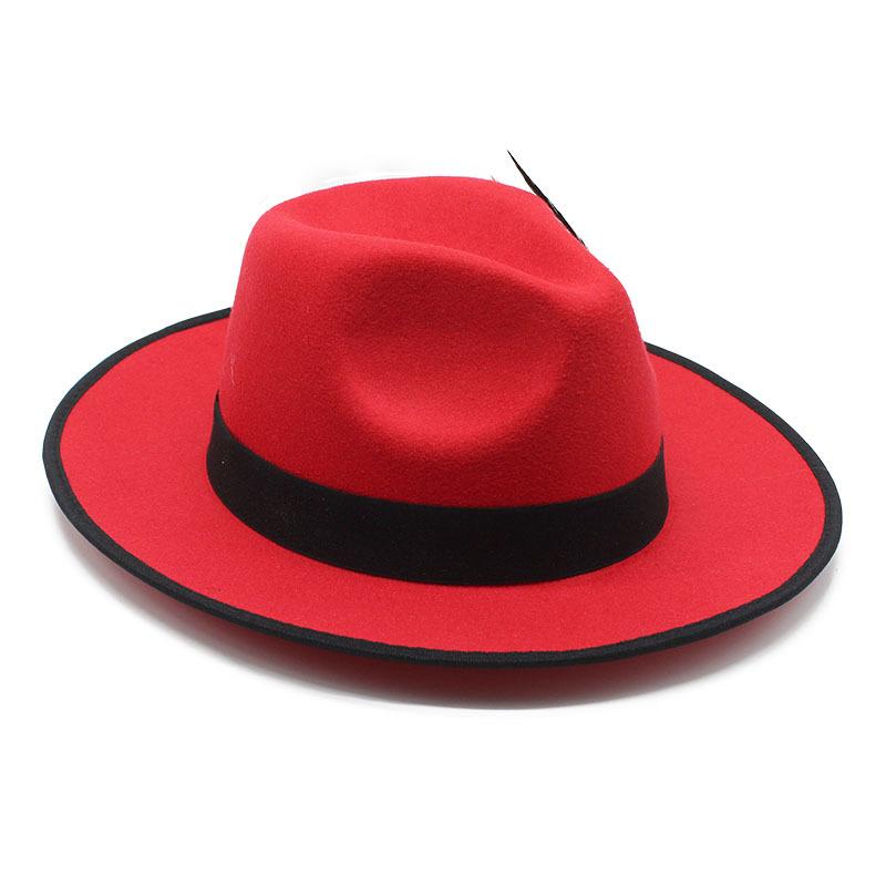 Red Woolen Hemming Top Hat Feather Jazz Hat